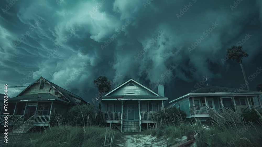 Dark, stormy clouds loom over residential houses. The ominous sky threatens with a severe storm or hurricane as houses with front porches and a palm tree brace for impact. - obrazy, fototapety, plakaty 