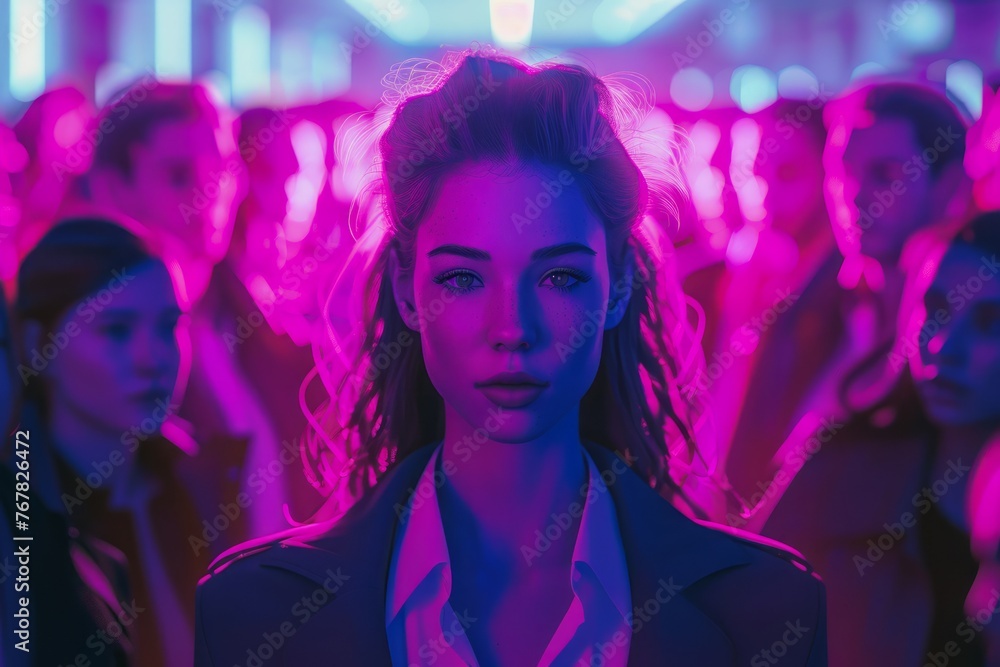Confident Businesswoman Standing Out in a Crowd at a Neon lit Party or Networking Event
