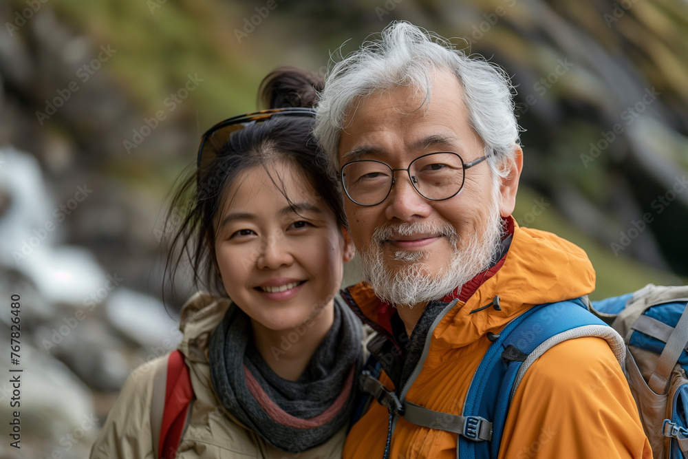 Senior Asian couple exploring a picturesque destination during their travel adventure. Senior Asian couple exploring a picturesque destination during their travel adventure.