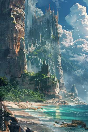 A fantasy landscape with an imposing cliff-side castle surrounded by lush greenery overlooks a serene beach with crystal clear waters under a dynamic sky with fluffy clouds.