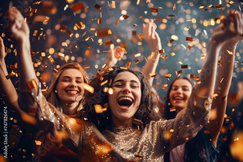 Joyful Group of Friends Celebrating with Sparkling Confetti Falling at Festive Party Event