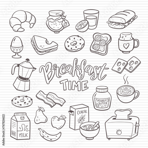 Breakfast food essentials. Hand drawn doodle isolated icons perfect for restaurant menu designs. Bread, pastries, coffee, fruit, cereals, jam, peanut butter and more. Vector illustration.
