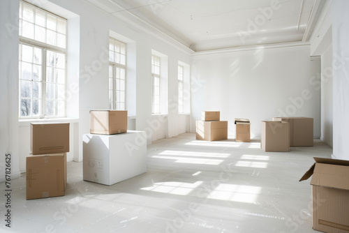 Empty room with sunlight casting shadows through windows and unopened moving boxes.