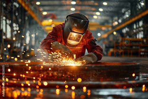 Worker welder working welding steel tank , building construction site. photo