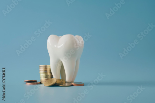 Molar tooth model with coins illustrating dental expenses or investments in oral health.