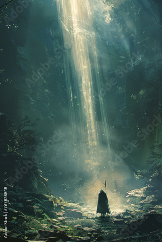 A mysterious cloaked figure stands at the base of a sunlit forest, rays of light piercing through the dense canopy above, illuminating the misty, verdant landscape.