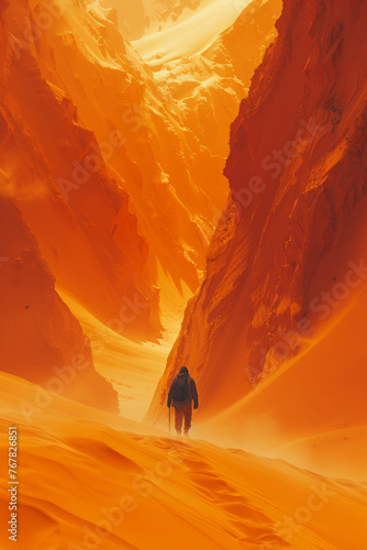 A lone explorer ventures through a vast and vivid orange desert landscape, surrounded by towering sand dunes under a clear sky.