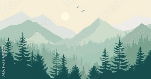 Minimalistic Nature Scene with Trees and Mountains Illustration