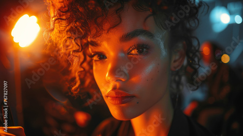 Portrait of a young woman with curly hair, looking at the camera, warm and cool lighting creating a dramatic effect, with bokeh background.
