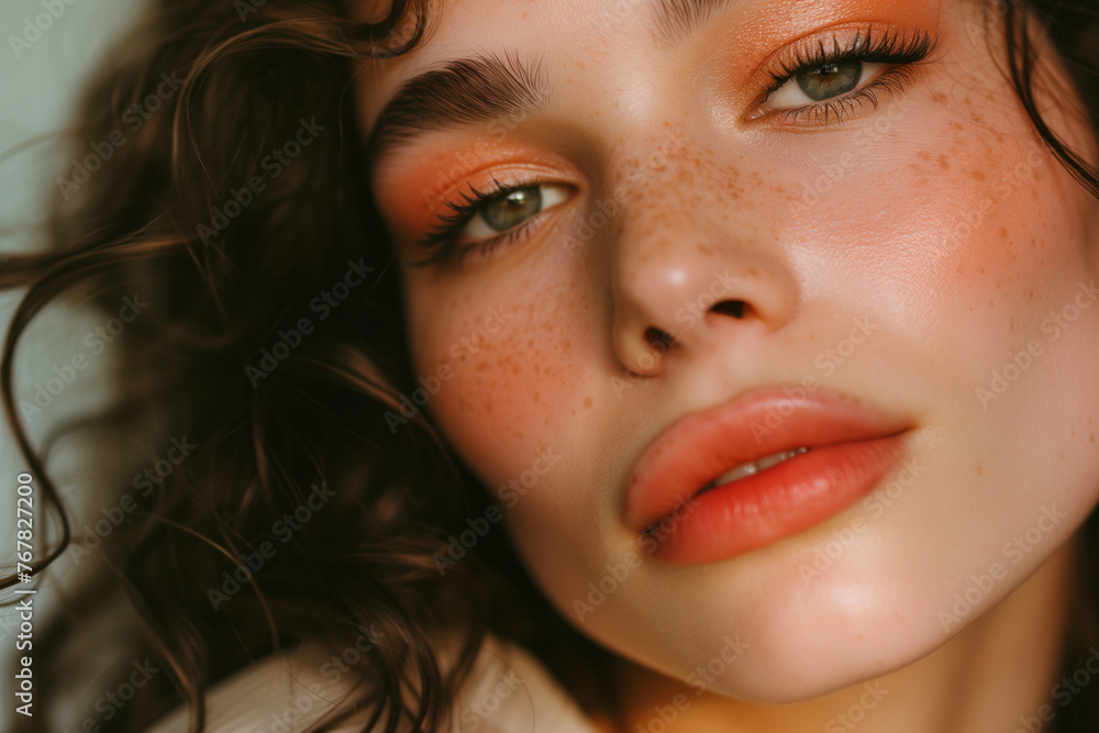 A woman with red hair and green eyes is wearing makeup. She has a smile on her face and her eyes are closed A woman with red hair and green eyes is wearing makeup. She has a smile on her face and her eyes are closed