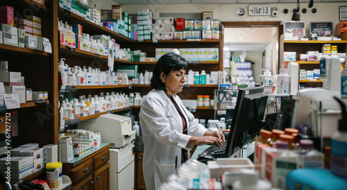 A blonde female elderly pharmacy manager is standing at the counter in front of her computer, wearing glasses and a medical white coat with a work badge on it, inside a modern hospital drug store