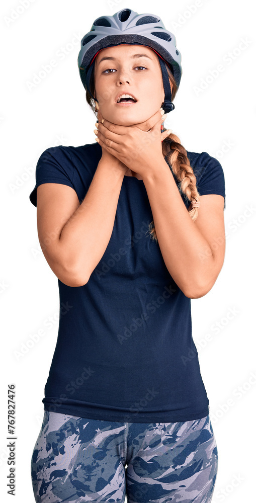 Beautiful caucasian woman wearing bike helmet shouting and suffocate because painful strangle. health problem. asphyxiate and suicide concept. Beautiful caucasian woman wearing bike helmet shouting and suffocate because painful strangle. health problem. asphyxiate and suicide concept.