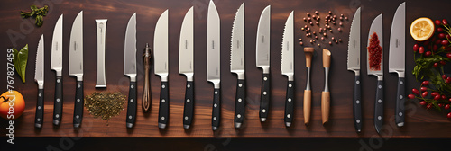Artfully Arranged Set of High-Quality Professional Kitchen Knives Showcasing their Unique Features