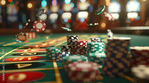 Poker chips falling on green felt roulette table blur, generative ai