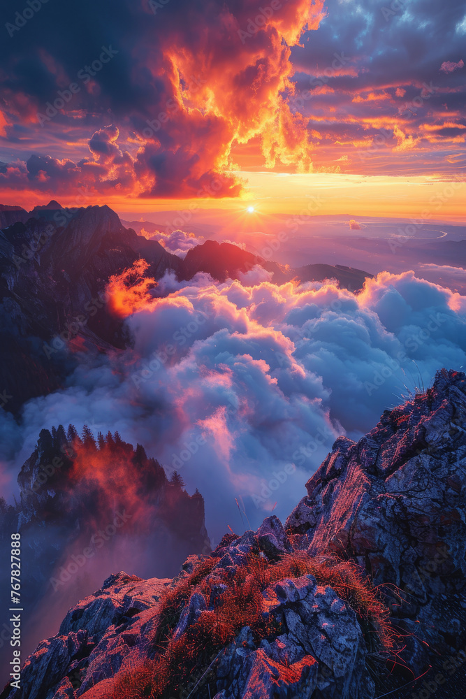 A breathtaking mountain sunrise with a vibrant sky casting orange and purple hues over a sea of clouds that enshroud rugged peaks.