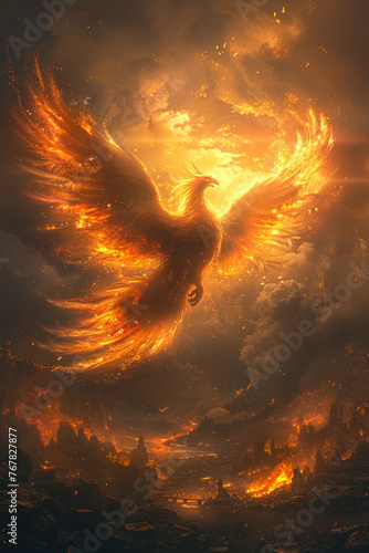 A magnificent phoenix in flight, with fiery wings spread wide, illuminating a twilight sky above a mystical landscape in ruins, evoking a sense of rebirth and fantasy. © ChubbyCat