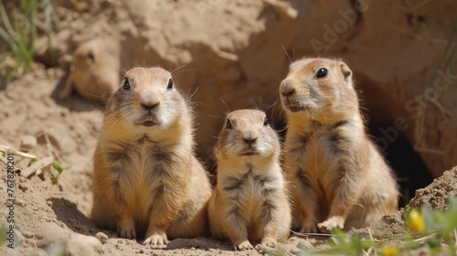 Three prairie dogs emerging from a burrow, cautiously observing their surroundings. The animals are illuminated by natural sunlight, with dirt and some vegetation visible in the background.