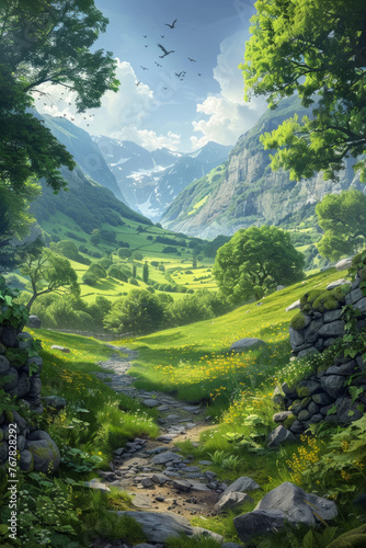 Lush green valley with vivid flowers and a rustic stone path leading towards majestic snow-capped mountains under a clear blue sky.