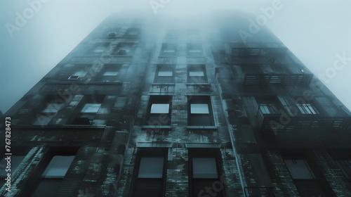 a dreary building full of mist