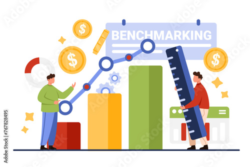 Benchmarking analysis, analytics for best quality and financial progress. Tiny people measure graph unit with ruler, compare and check profit indicators on data performance cartoon vector illustration