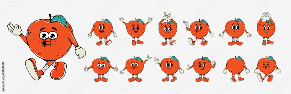 Set of characters in groovy style. Y2k design. The apple has different poses and facial expressions. Fruits and berries. Vector illustration. Summer juicy icon. Isolated. Sticker pack. Hippie Set of characters in groovy style. Y2k design. The apple has different poses and facial expressions. Fruits and berries. Vector illustration. Summer juicy icon. Isolated. Sticker pack. Hippie