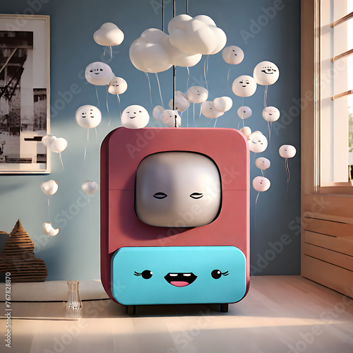   Cartoon microwave character, generative ai            set, Cuddly extrange funny criatures, with blank signboards to help to communicate the messages, copy space, generative ai. photo