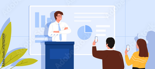 Public speech and presentation of scientific research by scientist speaker. Smart man with glasses standing at podium with microphones to speak in front of audience cartoon vector illustration