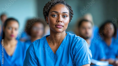 Concentrating Nurse in Blue Scrubs at Medical Seminar
