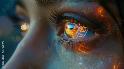 Close-up of a human eye with city lights reflecting in the iris, highlighting detailed eyelashes and the vibrant colors of the eye against a blurred urban background.