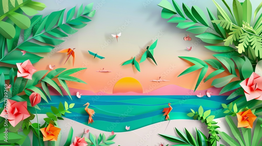 tropical island with palm trees and sea with birds paper cut design