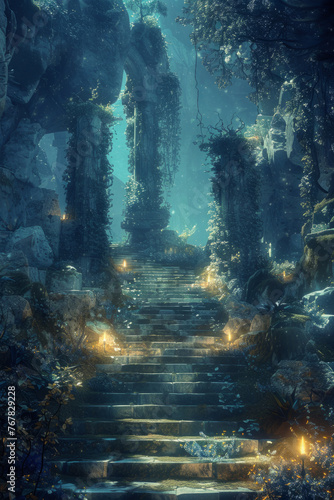 An enchanting forest scene with ancient ruins, showcasing a stone staircase leading through overgrown arches illuminated by ethereal blue light and glimpses of glowing flora.