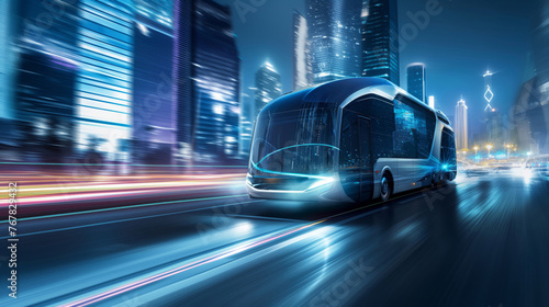 Modern electric bus zooms through a vibrant cityscape at night, illuminated by dynamic light trails