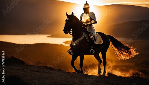 A silhouetted knight in armor riding a horse with dynamic motion against a vivid sunset, evoking historical warfare and nobility.