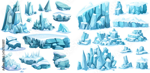 Icebergs, blue floes and ice crystals. Icy cliff, cold frozen block of different shapes for game and decor vector set