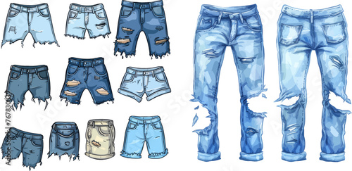 Casual style clothes vector set. Denim pants fashion, casual trousers garment illustration photo