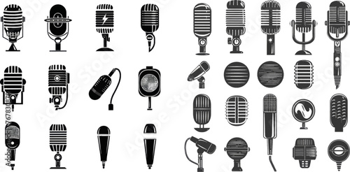Music or podcast recording. Logo element for karaoke and radio broadcast vector set