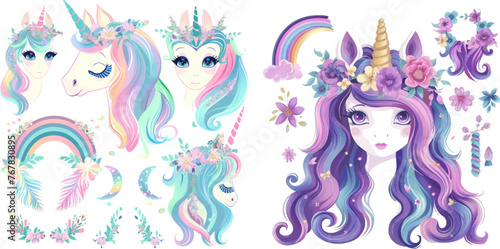 Unicorns character head creative rainbow, wreath and hairstyle