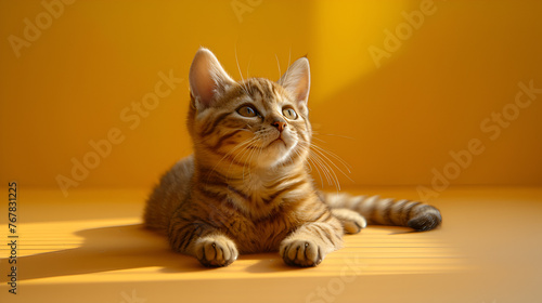 Cute red kitten sleeps on the yellow background. Adorable little pet. Cute child animal 