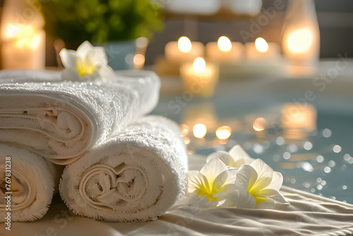 Soft towels and frangipani flowers with flickering candles in a spa setting.