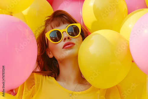 Happy young woman in sunglasses enjoying a holiday with yellow balloons background 