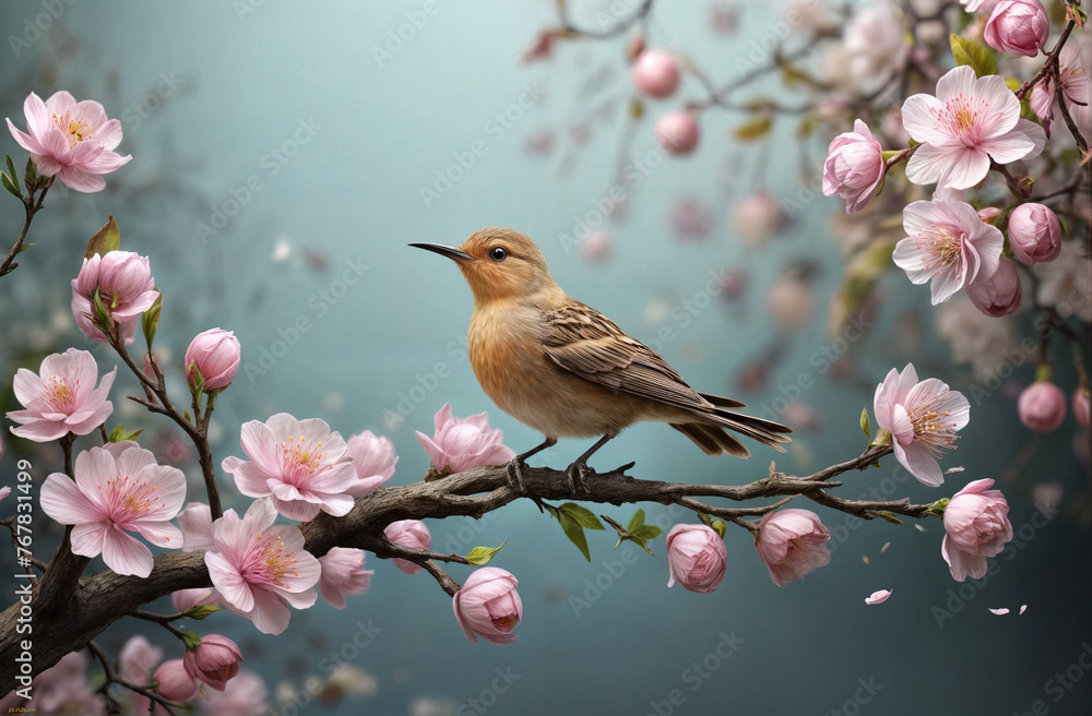 the whistling bird, flying, branch of spring branch flowerss\ with a copy space