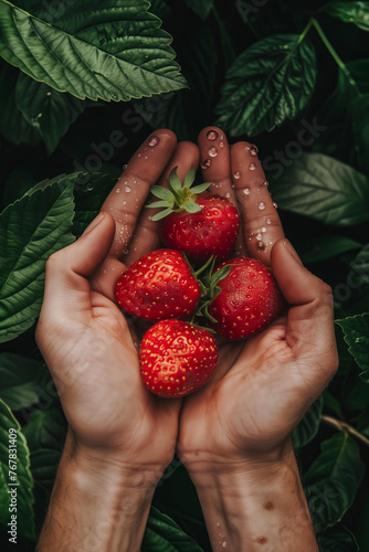 Closeup of hands holding fresh straberries with dew drops, with copy space for text or design photo