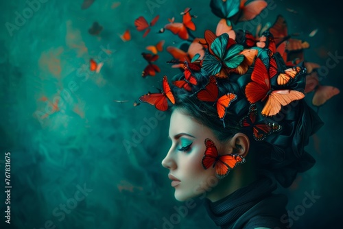 Girl surrounded by a cascade of butterflies hovering above her head in dark cyan and orange hues. Through minimal retouching, this artwork evokes the depiction of trapped emotions.
