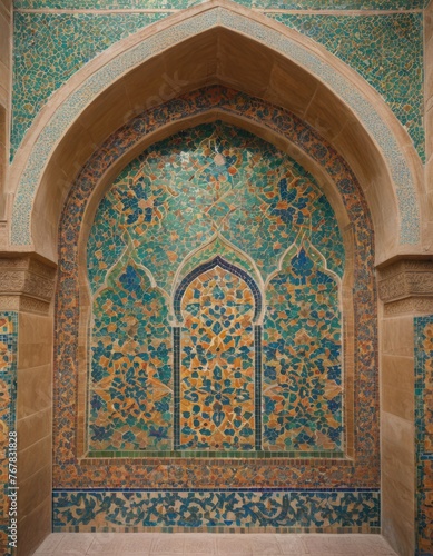 The grandeur of an Islamic archway adorned with elaborate turquoise and terracotta mosaic patterns, showcasing architectural brilliance.