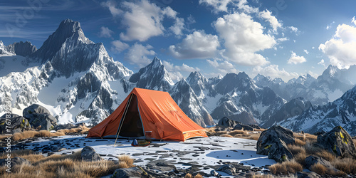 Tent pitched on icy summit at dusk background with empty space for tent-camp-in-snowy-mountains-on-misty-sunrise-background, camp in snowy mountains on mis © UMAR