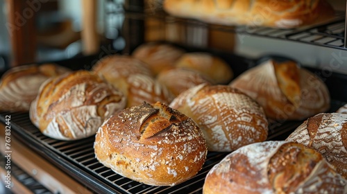 Loaves of Bread on Rack in Bakery