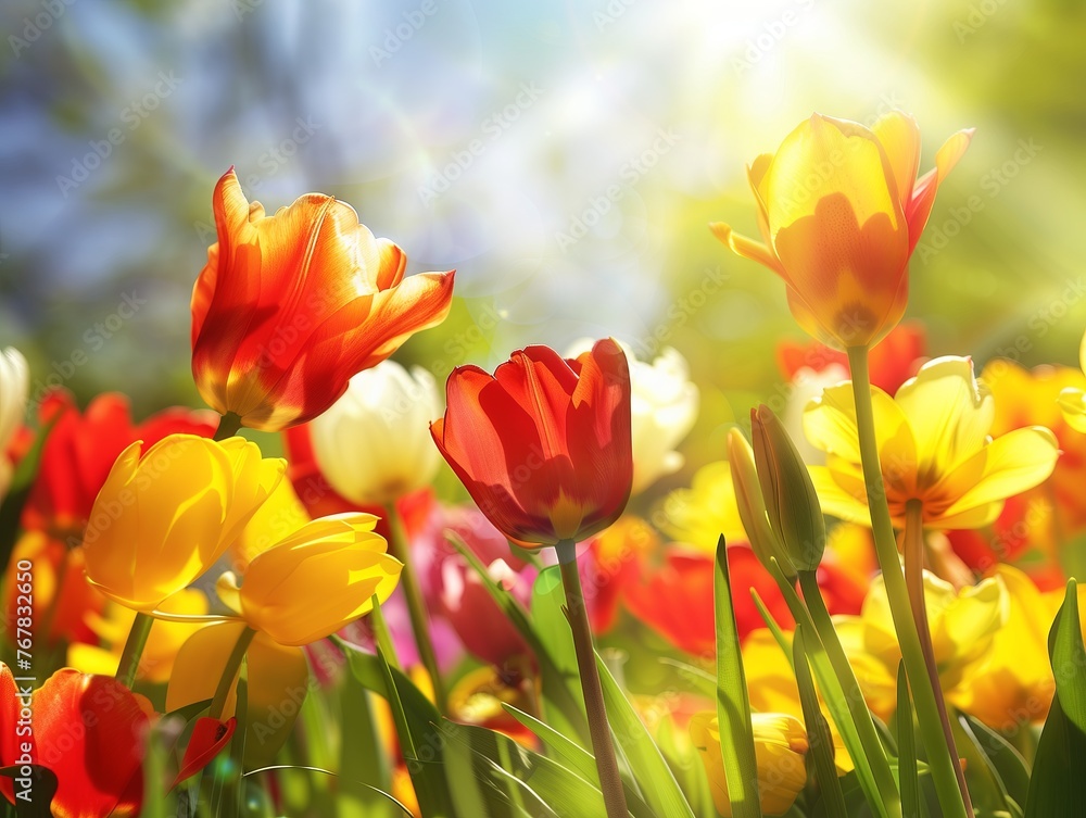 Radiant Spring Blooms: A Field of Vivid Tulips Bathed in Sunlight
