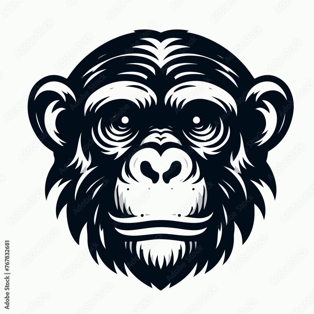 Black and white vector illustration of happy chimpanzee
