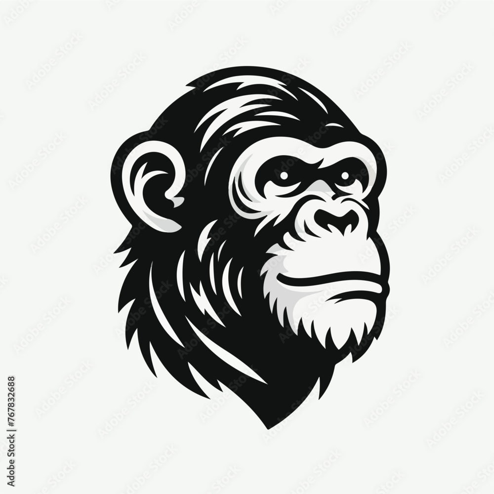 Black and white vector illustration of happy chimpanzee