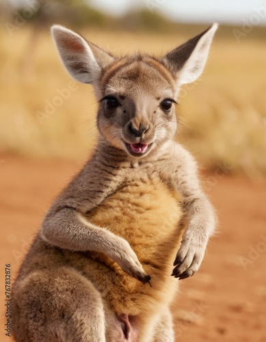 A young kangaroo joey stands in the Australian outback, looking playful and curious with a soft, sandy backdrop photo